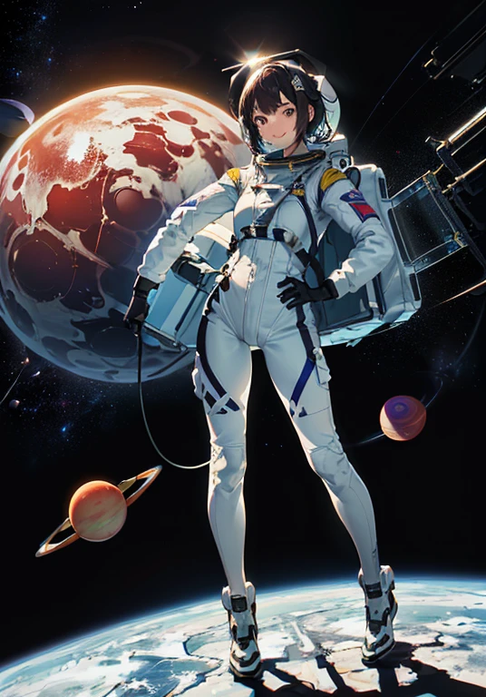 (((A woman doing a spacewalk in outer space))), (((20-year-oldの日本人女性))), Space Station, A boldly drawn illustration of a Japanese woman, as if drawn by a famous anime artist, (((Big hit illustration)), (8k, Highest quality). A stunning composition with outstanding proportions. Perfect beauty, ((Highest quality)), ((masterpiece)), ((Highest qualityのイラスト)), Beautiful woman,Super Resolution,Slim and perfectly proportioned, Beautiful woman, ((Highest quality質, 8k, masterpiece: 1.3)), Beautiful woman, 1 female, Slim figure: 1.1, Perfect beauty, 20-year-old, An artistic composition with space arranged around the woman, Full body photo, Anatomically correct hand, Anatomically correct legs, anatomically correct whole body, Cowboy Shot, (((smile))), thin, A screen composition that places space around the woman, Anatomically correct hand, Anatomically correct legs, anatomically correct whole body, Cowboy Shot, Nipples are protruding,, ((The background is the vast universe)), (((night))), (((Several planets are visible in the distance))), (((Spacewalking in a full-body spacesuit that hides your skin like you&#39;re swimming))), (((Breast size is slim))). (((Slim thighs))).