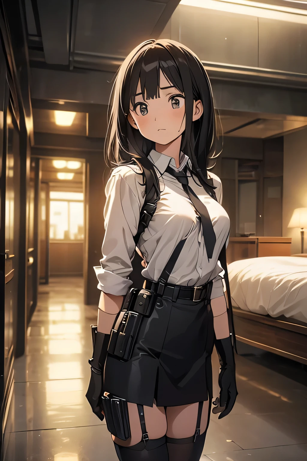 high quality, masterpiece, Ultra-high resolution, (Realism: 1.4), Oil painting style, Cinema Lighting, , I stood on the empty asphalt road and looked at it.., And suspenders with flying cranes Large Breasts Small face holster Lying in bed look up Sweat belt buzzer 脇Sweat Black Hole Gloves suit mini skirt garterbelt Leg Links Belt on trousers holster fold your hands behind your back Anxious expression look up Anxious face Knee-length Knee socks Knee-length socks garter belt garter Garterbelt on thighs, hands behind back Constraints handcuffs Cable ties Cable ties on thumbs