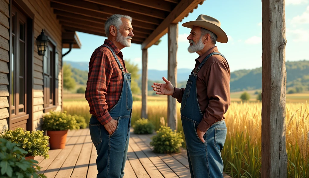 Two lumberjack-style men, mature, about 50 years old, burly, with plaid shirt and jeans with lumberjack boots. Romantic dinner in a rustic farm setting. Whole body. The men are looking at each other passionately. Romantic scene on a farm at sunset. The sky is yellowish, reddish and orange. Photorealistic scene, super detailed and realistic. Natural ambient lighting entering light through the window. Depth of field of the lens. 8k