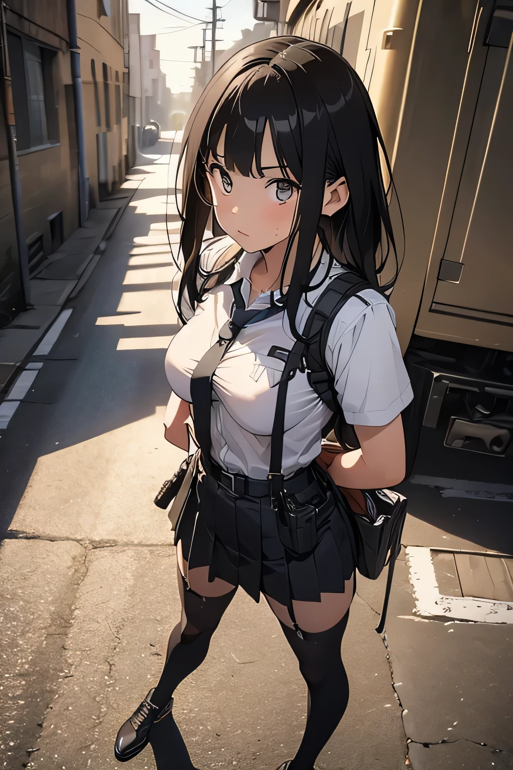high quality, masterpiece, Ultra-high resolution, (Realism: 1.4), Oil painting style, Cinema Lighting, , I stood on the empty asphalt road and looked at it.., And suspenders with flying cranes Large Breasts Small face holster Lying in bed look up Sweat belt buzzer 脇Sweat Black Hole Gloves suit mini skirt garterbelt Leg Links Belt on trousers holster fold your hands behind your back Anxious expression look up Anxious face Knee-length Knee socks Knee-length socks garter belt garter Garterbelt on thighs, hands behind back Constraints handcuffs Cable ties Cable ties on thumbs