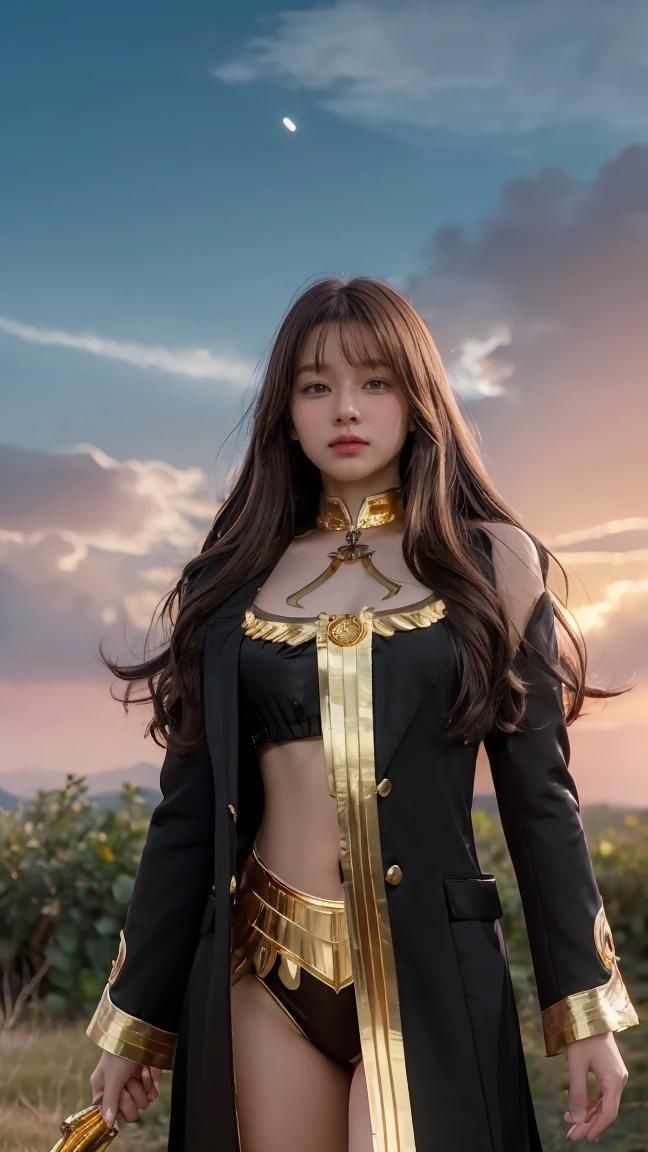 ((Masterpiece, best quality, very detailed), Volumetric light, surrounding occlusion, Rich and colorful, glow), 1 woman, lonely, young girl, (Brown bangs), long hair, radius, radius, sacred, goddess, Priesthood, (ฺBlack suit with gold trim:1.3), armor, outdoor, sunset, sky, cloud, space, (Fantasy Theme:1.2),