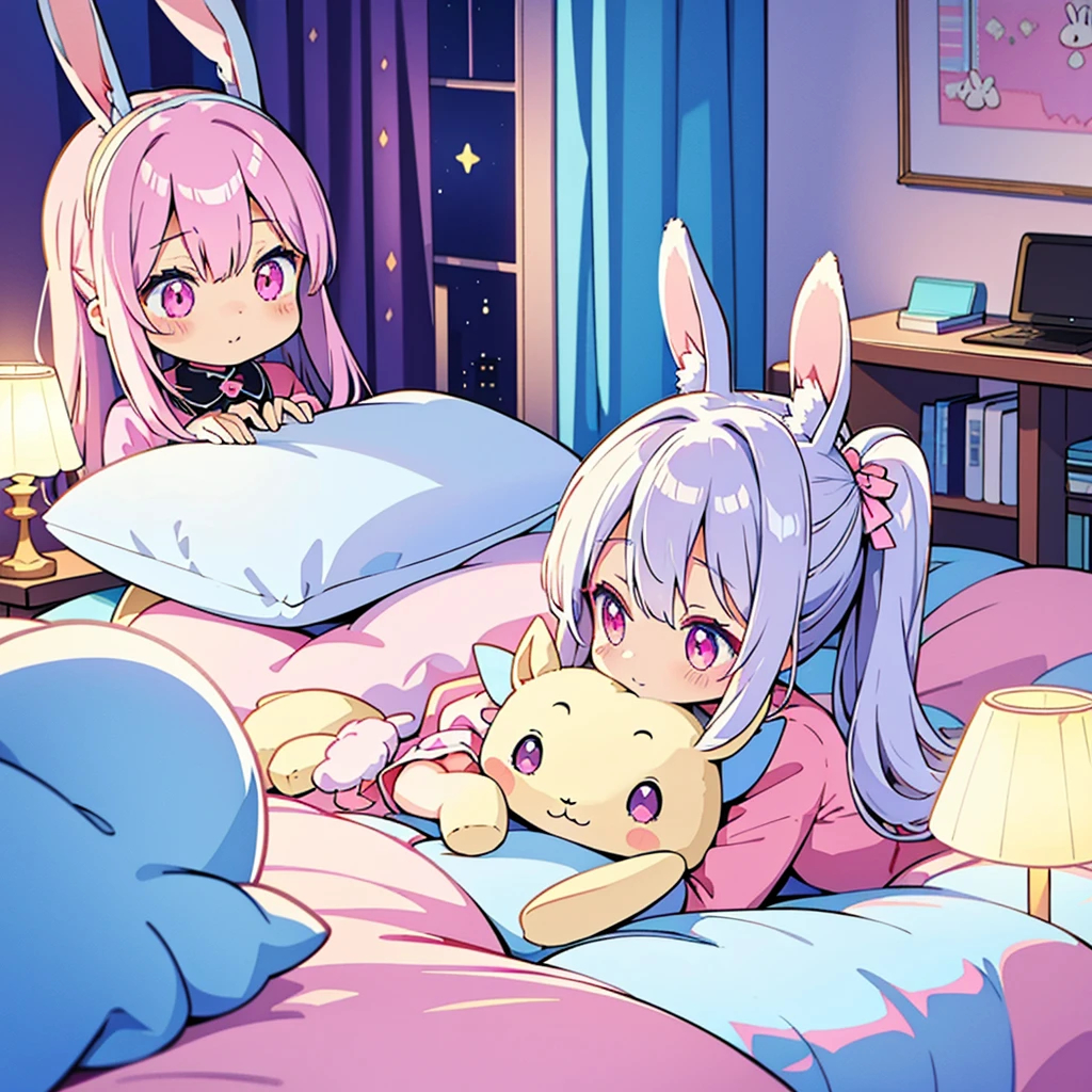 beautiful illustration, best quality, cute girl, bedroom, pastel color, fluffy bunny ears, petite, silver long hair, rabbit stuffed toy, bright lighting, light pink eyes, slim body, character lying down looking up