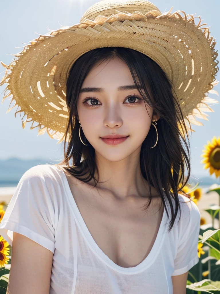 1girl,solo,smile,happy:1,long straight hair,straight bangs,look at viewers,brown eyes,looking at viewer,in studio,pure grey background,detailed skin,detailed face,studio light,parted lips,lips,bare shoulders,(black hair),(close up),messy hair,mugglelight, a girl with a sun hat, sitting in a field of sunflowers, bathed in the golden glow of sunset, warm hues, peaceful ambiance, natural beauty.korean girl,black hair,,Balayage hair,