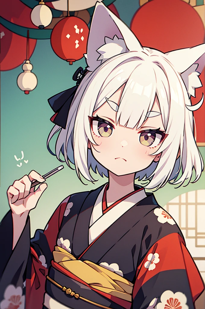 Animal ears, white bob hair, perm, round eyebrows, kimono 