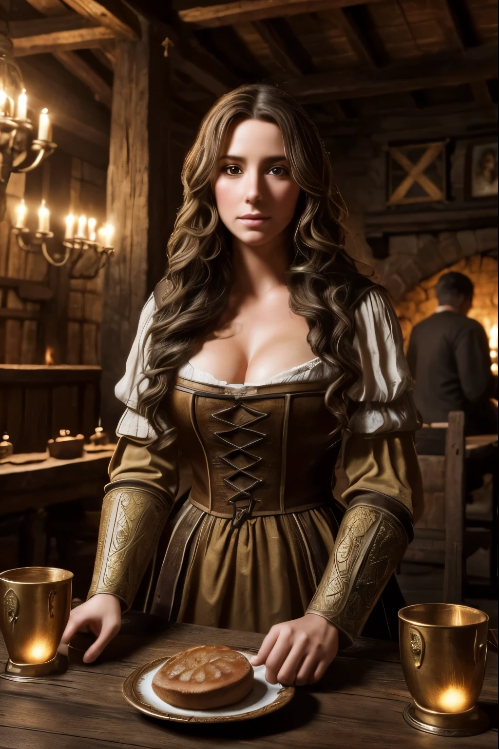 girls  in a medieval tavern medieval tavern, beautiful detailed eyes, beautiful detailed lips, extremely detailed face and skin, long wavy hair, medieval dress, medieval tavern interior, candlelight, glowing fireplace, wooden tables and chairs, medieval tankards and mugs, medieval decor, atmospheric lighting, cinematic, vibrant colors, (best quality,4k,8k,highres,masterpiece:1.2),ultra-detailed,(realistic,photorealistic,photo-realistic:1.37)