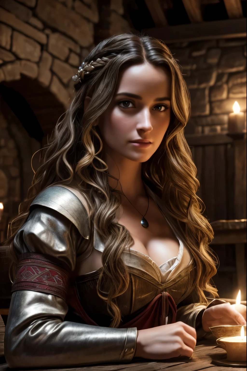 girls  in a medieval tavern medieval tavern, beautiful detailed eyes, beautiful detailed lips, extremely detailed face and skin, long wavy hair, medieval dress, medieval tavern interior, candlelight, glowing fireplace, wooden tables and chairs, medieval tankards and mugs, medieval decor, atmospheric lighting, cinematic, vibrant colors, (best quality,4k,8k,highres,masterpiece:1.2),ultra-detailed,(realistic,photorealistic,photo-realistic:1.37)