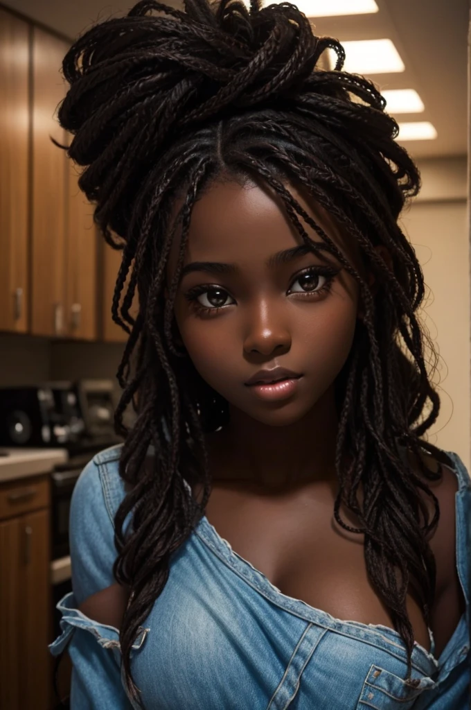 cute hair, chocolate skin, teenager, beautiful face, deep ebony, showing big breasts, SFW, upper body focus, Irish bright red hair beauty