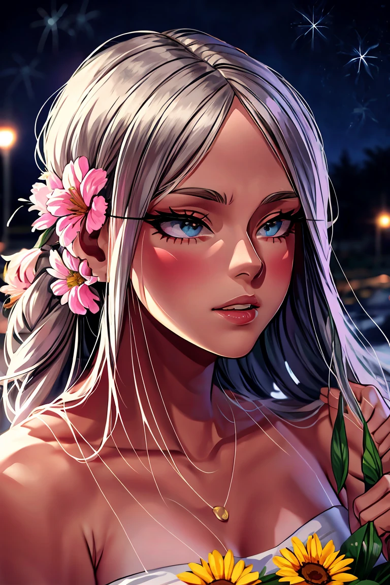 realistic, 1 girl,, parted lips, blush, night, flowers, Sun, Sunlight,