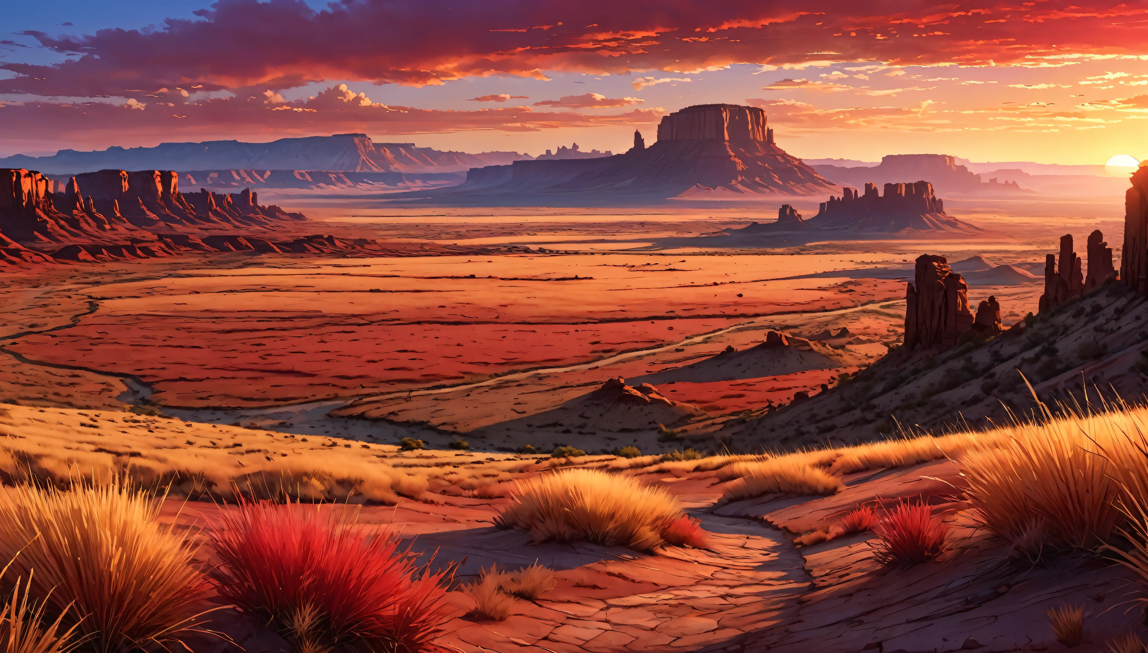  anime aestetics, anime scenery, savanna, big western field, huge canion on the background, landscapes of america, dry grass, red stones, sunset, red skies, perfect quality, breathtaking view, wide shot, from above, perspective, atmospheric perspective, highres, best quality, 16k, award winning, super detail, masterpiece, UHD