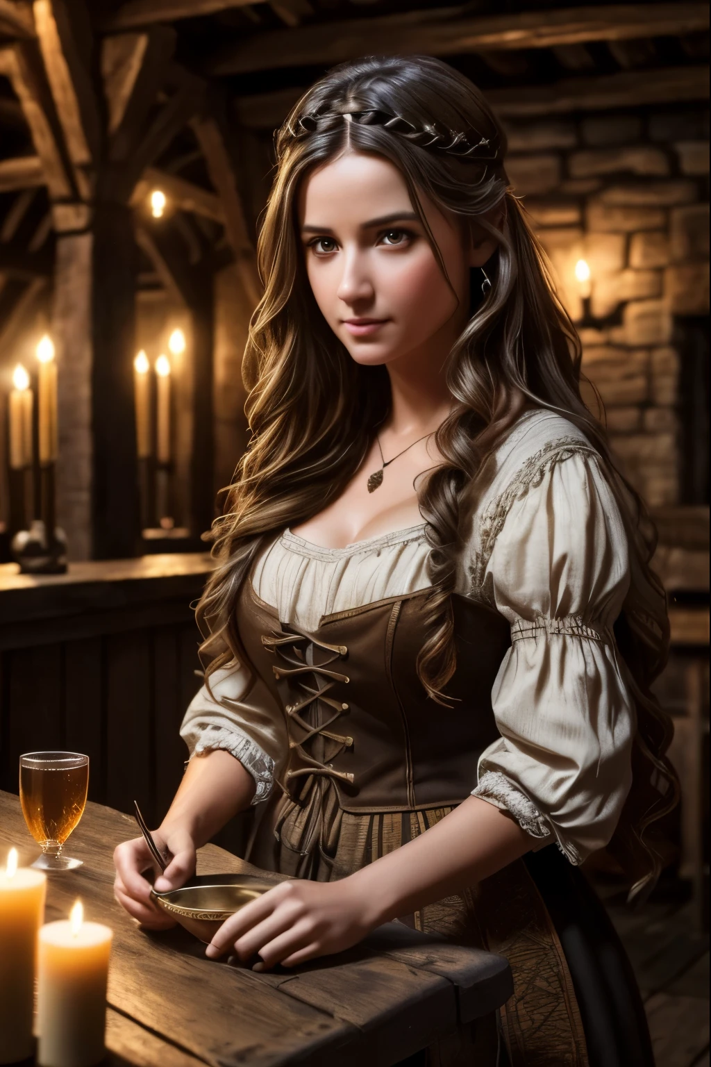 girls in a medieval tavern medieval tavern, beautiful detailed eyes, beautiful detailed lips, extremely detailed face and skin, long wavy hair, medieval dress, medieval tavern interior, candlelight, glowing fireplace, wooden tables and chairs, medieval tankards and mugs, medieval decor, atmospheric lighting, cinematic, vibrant colors, (best quality,4k,8k,highres,masterpiece:1.2),ultra-detailed,(realistic,photorealistic,photo-realistic:1.37), , 