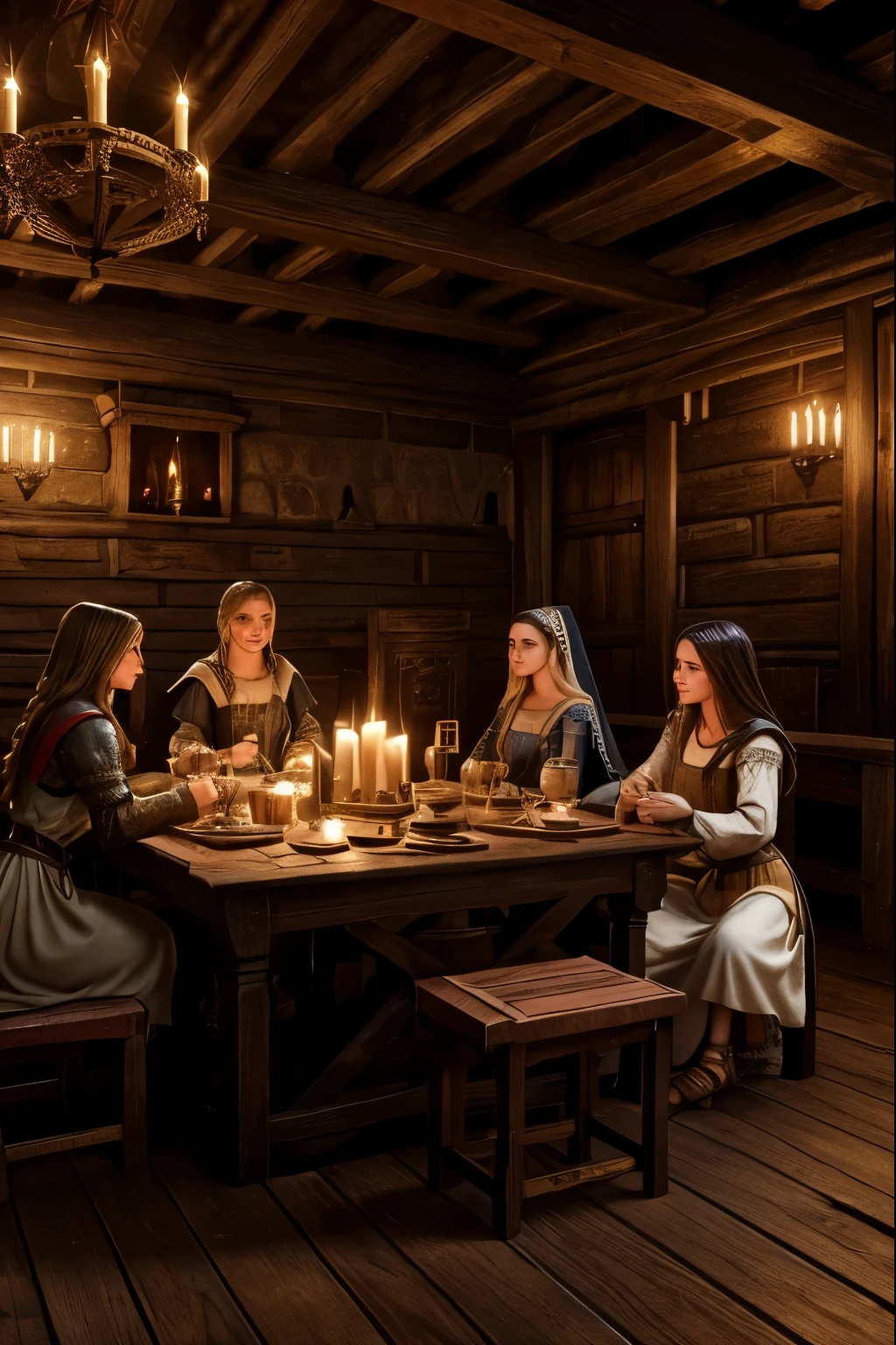 a medieval tavern,1girl,2girls,girls having a ,medieval interior,medieval architecture,wooden furniture,candles,medieval dresses,intricate details,fine art,vibrant colors,dramatic lighting,cinematic composition,highly detailed,photorealistic,masterpiece,unreal engine,8k,ray tracing,volumetric lighting, girls  in a medieval tavern