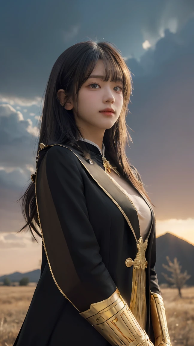 ((Masterpiece, best quality, very detailed), Volumetric light, surrounding occlusion, Rich and colorful, glow), 1 woman, lonely, young girl, (Brown bangs), long hair, radius, radius, sacred, goddess, Priesthood, (ฺBlack suit with gold trim:1.3), armor, outdoor, sunset, sky, cloud, space, (Fantasy Theme:1.2),