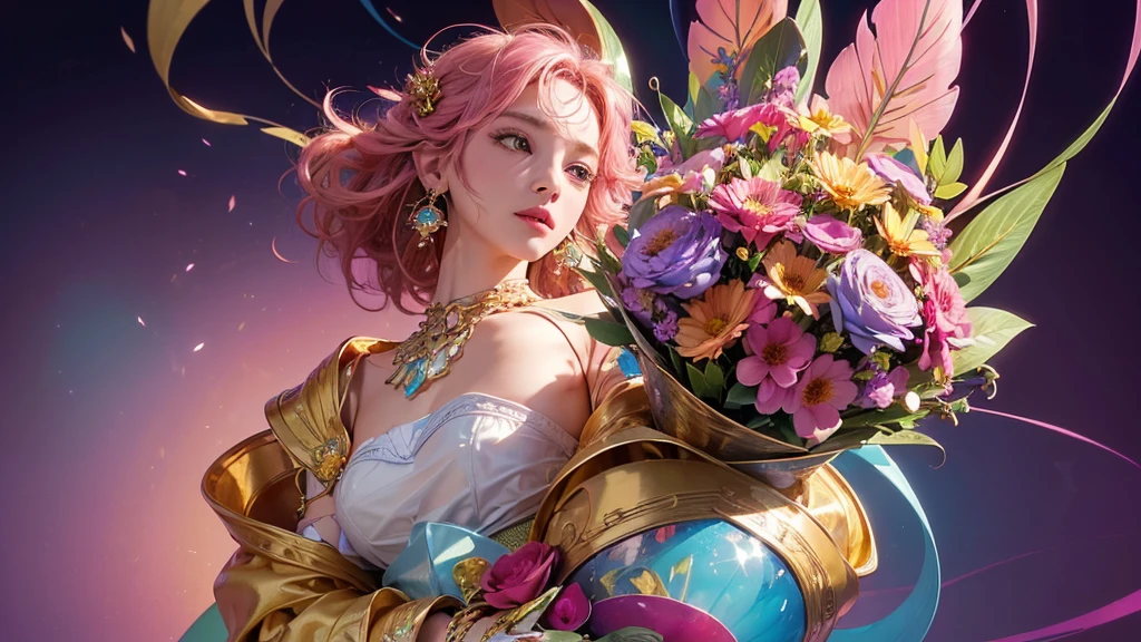 32K, 最高quality, 最高masterpiece, (ultra-Detailed Background, Detailed Background), High resolution, Super detailed, Very detailedな, 1 personの, (bouquet:1.3), (Tangled:1.2), (Geometric:1.2),(colorful),(masterpiece, quality, best quality, Official Art, Beautiful and beautiful:1.2), (1 person:1.3), Very detailed,(colorful:1.1)(Flowers:1.3),Most detailed,(Tangled:1.2), whole body, (Abstract background:1.3), (Skin glows), (Many colors:1.4), ,(Earrings Jewelry:1.5), Pale Red Background, It's imaginative., Milk tea colored hair, Updo,