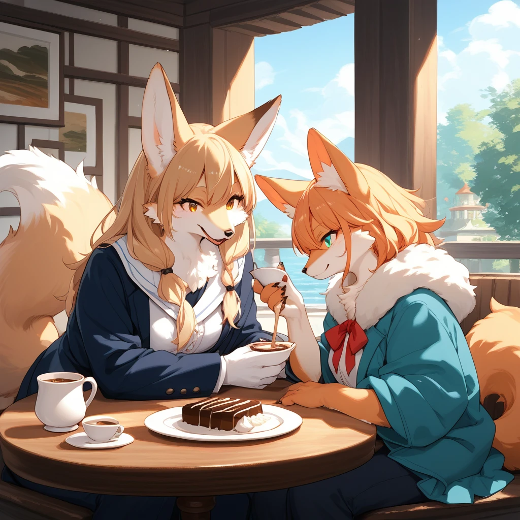 score_9, score_8_up, score_7_up, score_6_up, score_5_up, score_4_up, source_anime, source_furry, best quality, masterpiece, 2 females, (anthropomorphic cat, furry, kemono), multiple females, Create an image of two people sitting at a table in an artistic cafe setting. The background includes a person holding a white cup, another white cup on the table, a plate with pastry covered in powdered sugar, a person holding utensils in use, and a brightly colored painting on the wall. Please include detailed details, fluffy tail, fluffy coat,
