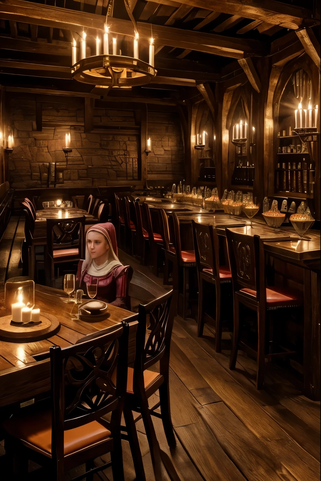 a medieval tavern,1girl,2girls,girls having a perfect faces and perfect bodies,medieval interior,medieval architecture,wooden furniture,candles,medieval dresses,intricate details,fine art,vibrant colors,dramatic lighting,cinematic composition,highly detailed,photorealistic,masterpiece,unreal engine,8k,ray tracing,volumetric lighting, girls in a medieval tavern