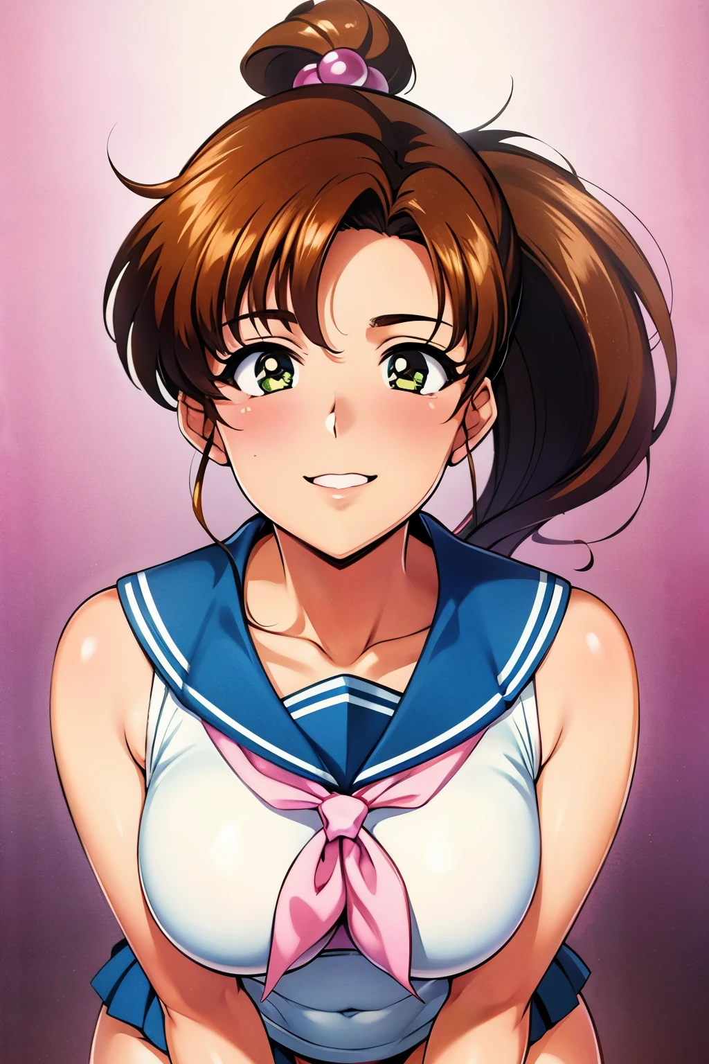 masterpiece, Highest quality, High resolution, (Makoto Kino),1990s \(style\),height: 175cm, Brown long hair,ponytail、 Sexy long legs, Sailor suit,very good,Shorts, ,(E-cup beautiful breasts)、、Muscular、Face writhing in pleasure、、Configuration from the front、smile、look up,Semen splattered on face、Anime-style painting style,Composition focused on the upper body、In town、Cool pose、smile、Short skirt、White underwear、Mouth open、Cowgirl Position、