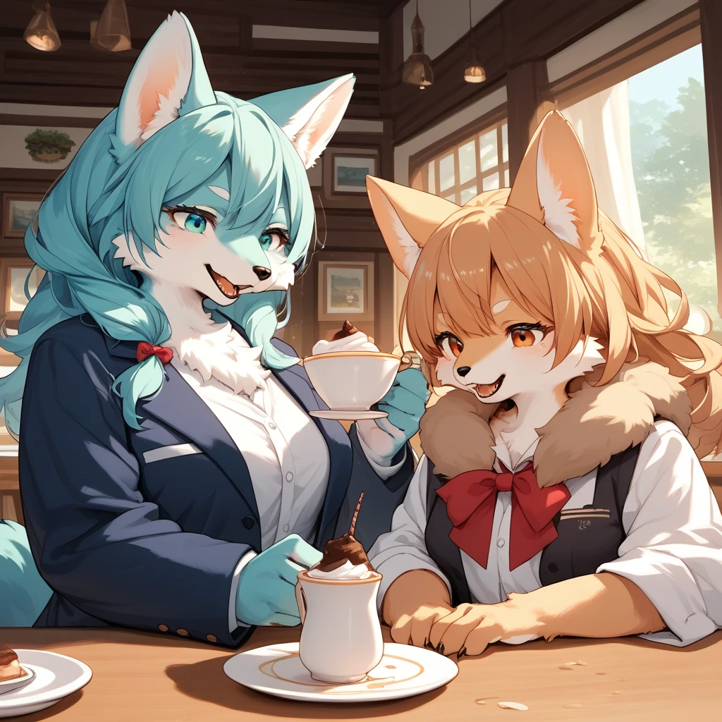 score_9, score_8_up, score_7_up, score_6_up, score_5_up, score_4_up, source_anime, source_furry, best quality, masterpiece, 2 females, (anthropomorphic cat, furry, kemono), multiple females, Create an image of two people sitting at a table in an artistic cafe setting. The background includes a person holding a white cup, another white cup on the table, a plate with pastry covered in powdered sugar, a person holding utensils in use, and a brightly colored painting on the wall. Please include detailed details, fluffy tail, fluffy coat,
