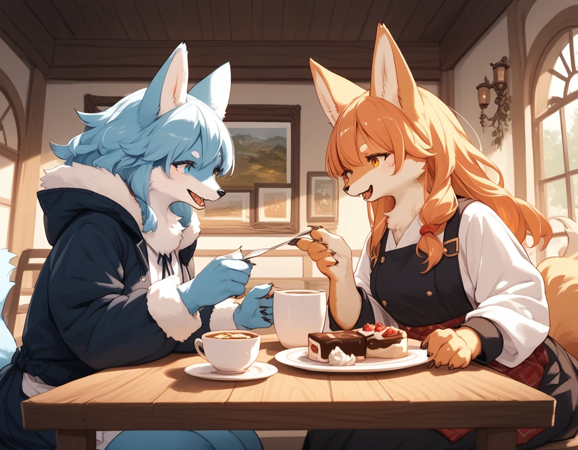 score_9, score_8_up, score_7_up, score_6_up, score_5_up, score_4_up, source_anime, source_furry, best quality, masterpiece, 2 females, (anthropomorphic cat, furry, kemono), multiple females, Create an image of two people sitting at a table in an artistic cafe setting. The background includes a person holding a white cup, another white cup on the table, a plate with pastry covered in powdered sugar, a person holding utensils in use, and a brightly colored painting on the wall. Please include detailed details, fluffy tail, fluffy coat,