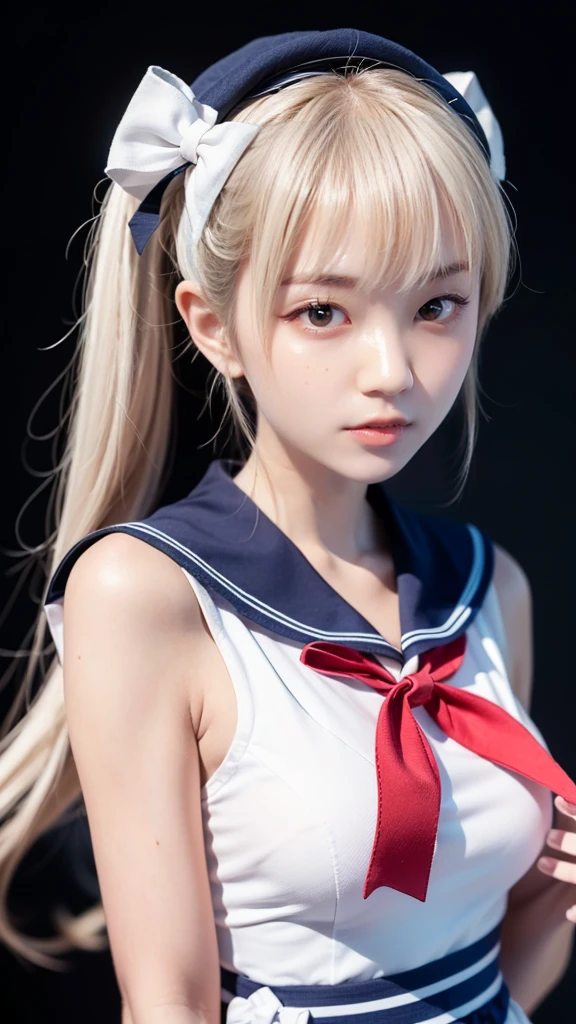 (（（Perfect body,White and tender skin,（（（Blue and white sailor suit, Black high heels, There is a bright red bow on the chest）））,（（（SMU Sasaki Tsukino，#100: Fine and Soft Blonde Hair, Crystal clear and delicate skin, Bright blue eyes, Thin cherry lips,,）））,((masterpiece)),high resolution,((Best quality at best)),masterpiece,quality,Best quality,(（（ Exquisite facial features,Looking at the audience,There is light in the eyes,(（（Ha ha，Happy））），）））,（（（Light and Shadow,Huge breasts,）））,（（（Looking at the camera,black background,)））)