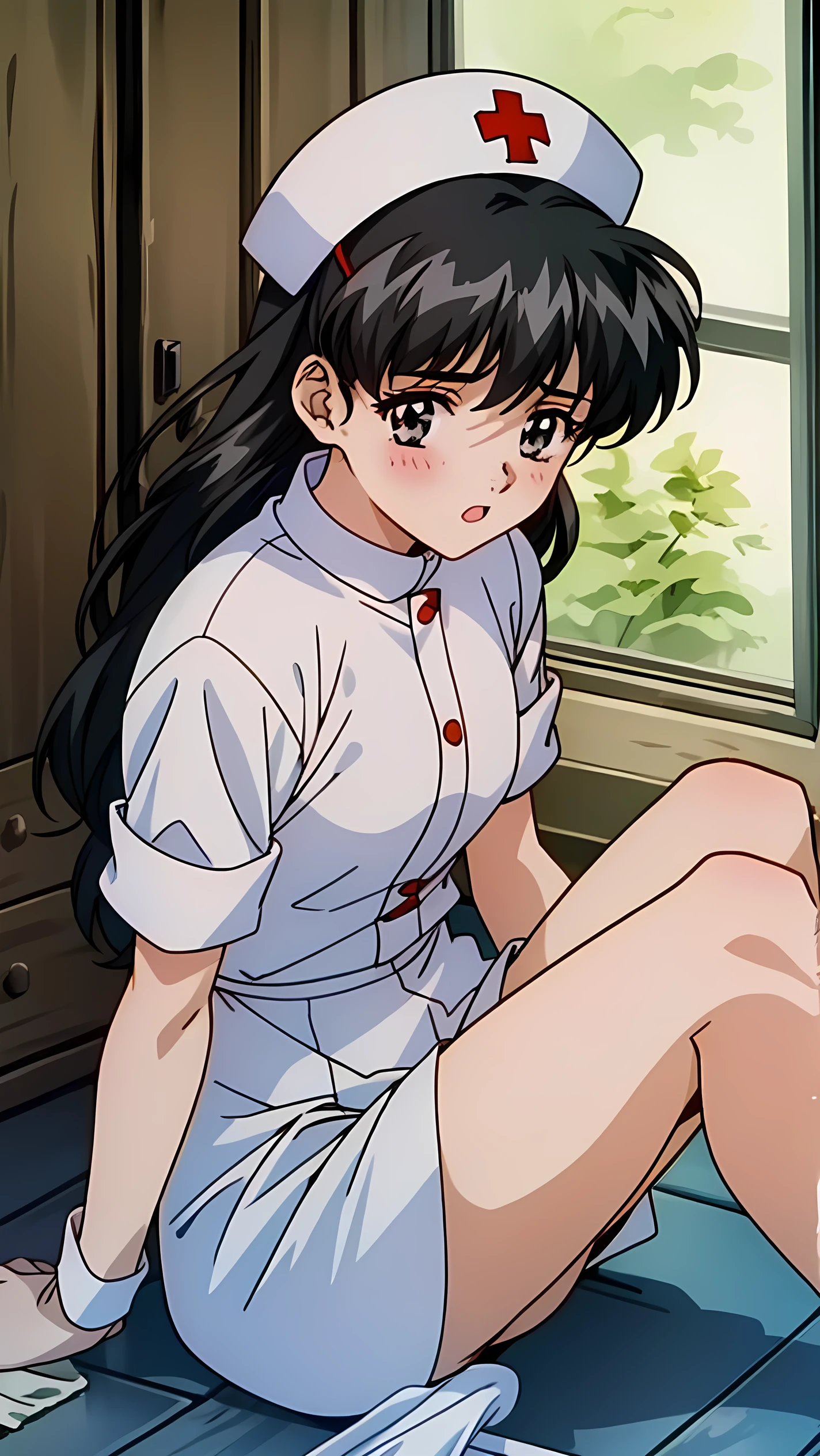 a very cute young girl in white nurse outfit sitting on floor cleaning, hat, 1girl, black hair