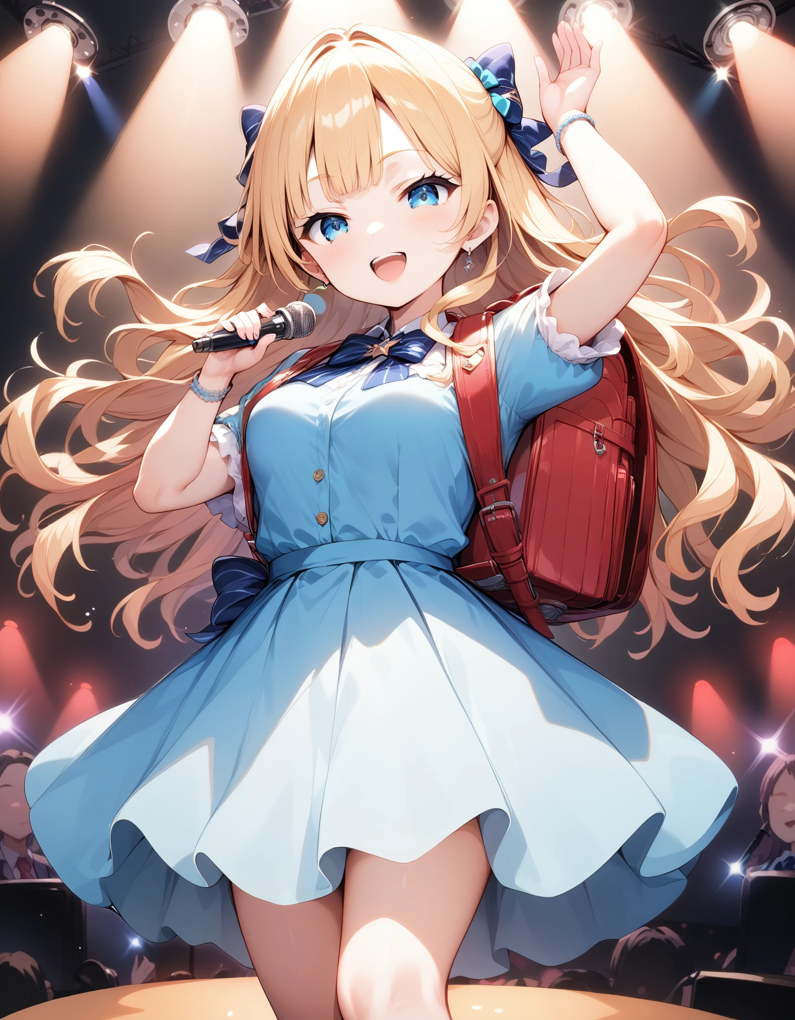 Masterpiece, hd, best quality, a performer on stage, confidently singing into a microphone. She is wearing a colorful dress,  ruffled dress adorned with blue bows and a white underskirt. Her long, flowing hair is accessorized with colorful bows,  a red backpack is slung over her shoulder, wearing backpack, school backpack, square backpack, (backpack:1.2). She stands with one hand raised, striking a dynamic pose amidst bright stage lights, while a cheering crowd and speakers are visible in the background, highlighting a lively and energetic concert atmosphere.