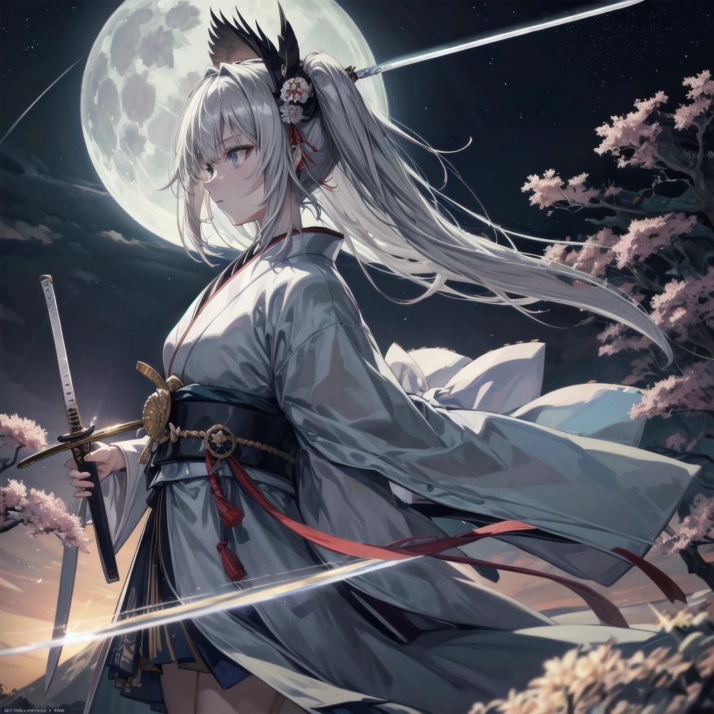 RAW Photos, Very delicate and beautiful, masterpiece, Highest quality, Ultra-high resolution, 32K, Surreal, Very detailed, Detailed Description,((masterpiece)), ((Highest quality)), ((Highest quality)), Anime Girls、Gray Hair、Serious face、landscape、profile、(((Japan have one sword)))、Aikikiri、Warrior、Night Sky、moon