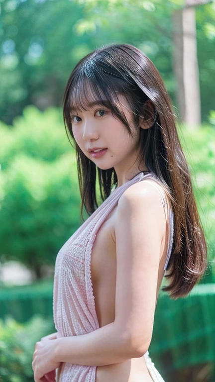 (8k、RAW Photos、Highest quality、masterpiece:1.2)、(Realistic、Realistic)、1 girl, nsfw, side view 1girl, (looking away:1.2), toplesss, thong, wearing Halter neck lace teddy with peek-a-boo cups, Small chest