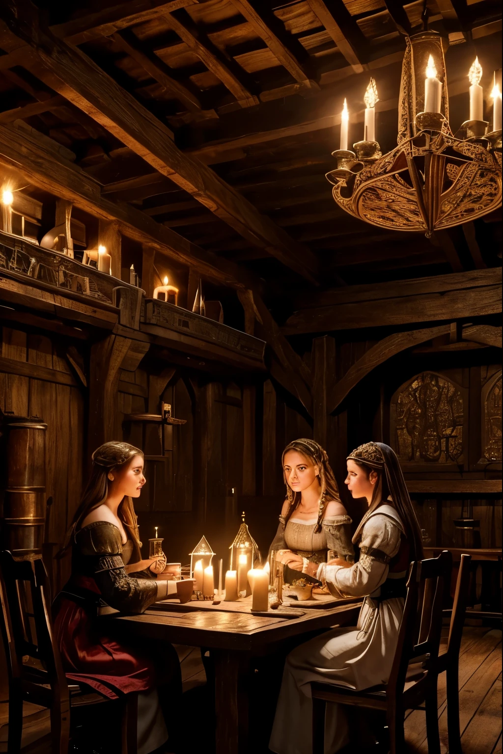 a medieval tavern,1girl,2girls,girls having a ,medieval interior,medieval architecture,wooden furniture,candles,medieval dresses,intricate details,fine art,vibrant colors,dramatic lighting,cinematic composition,highly detailed,photorealistic,masterpiece,unreal engine,8k,ray tracing,volumetric lighting, girls  in a medieval tavern