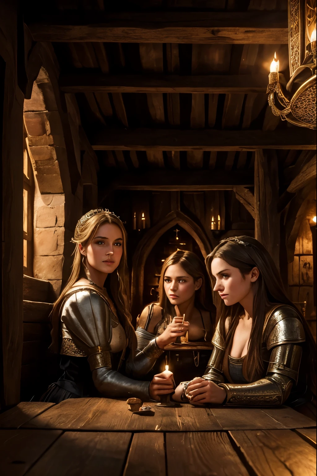 a medieval tavern,1girl,2girls,girls having a perfect faces and perfect bodies,medieval interior,medieval architecture,wooden furniture,candles,medieval dresses,intricate details,fine art,vibrant colors,dramatic lighting,cinematic composition,highly detailed,photorealistic,masterpiece,unreal engine,8k,ray tracing,volumetric lighting, girls in a medieval tavern