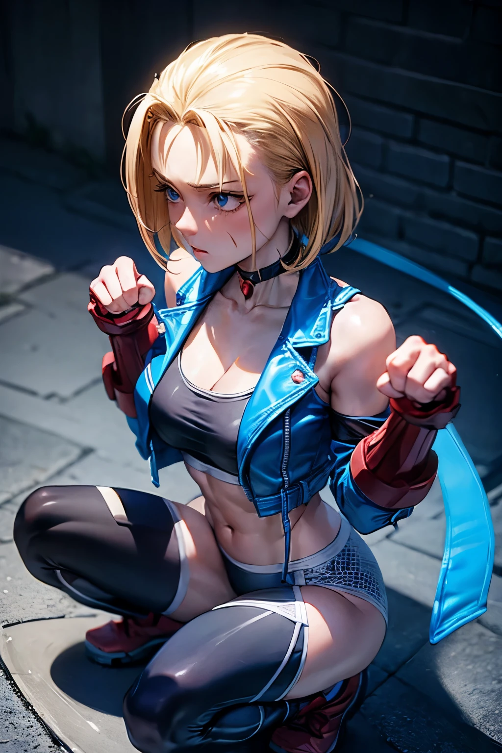 (8k, real person, ultra realistic, raw photo, masterpiece, extremely detailed, best quality, professional lighting, high res), BREAK beautiful and adorable girl, BREAK cammy white, short hair, antenna hair, blue eyes, scar on cheek, large breasts, black choker, collarbone, blue jacket, cropped jacket, open jacket, sports bra, midriff, fingerless gloves, black gloves, black pants, toned muscular girl, BREAK ((paw pose:1.3), squatting, crouching, spread legs, both hands up:1.3), standing dog pose, eyecontact, BREAK sexy, humiliated, embarrassed, blush, sweat drop, she is being forced to submit to the enemy she despises the most, BREAK (extreme close up model:1.2), (view from above, she is looking up the viewer:1.2), (front view, view from right in front:1.3)