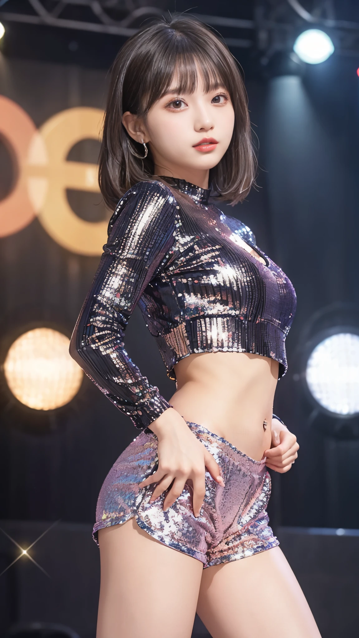 (((masterpiece:1.4, highest quality:1.4, 8K, ultra high resolution, Physically based rendering))), full body portrait, super beautiful sexy woman, perfect style body, 24-years-old, (fine big eyes), fine thin eyebrows, eye highlights, (dark brown half up hair, hair behind the ear), Highly detailed face and skin texture, clear focus:1.2, Slender beauty:1.4, ((huge beautiful breasts:1.7, exposed chest)), slim abs:1.1, tight waist:1.2, clear facial features, (no makeup), ((( Black shirt showing nipples:1.4, underboob:1.2))), (((Metallic Holographic Purple High Waist Pencil Mini Skirt, skirt lift:1.6, long and beautiful legs))), (transparent black knee high stockings), ((No panties)), (((Detailed beautiful pussy exposed:1.4, pubic hair:1.5, cum in pussy:1.5, Cloudy liquid drips from the pussy to the thighs))), put your hands on your head, (lift her chin:1.2, open your mouth), (from below), (looking at the viewer:1.1), (smile:1.2), (spread your legs wide, facing forward), ((The best time to see cherry blossoms at night:1.4, SakuraFubuki:1.4, Scattering cherry blossoms, Standing in the middle of cherry blossoms in full bloom:1.8, shine of street lights:1.5)), ((Glowing particles dancing in the night sky:1.4, incredible sky:1.2)),