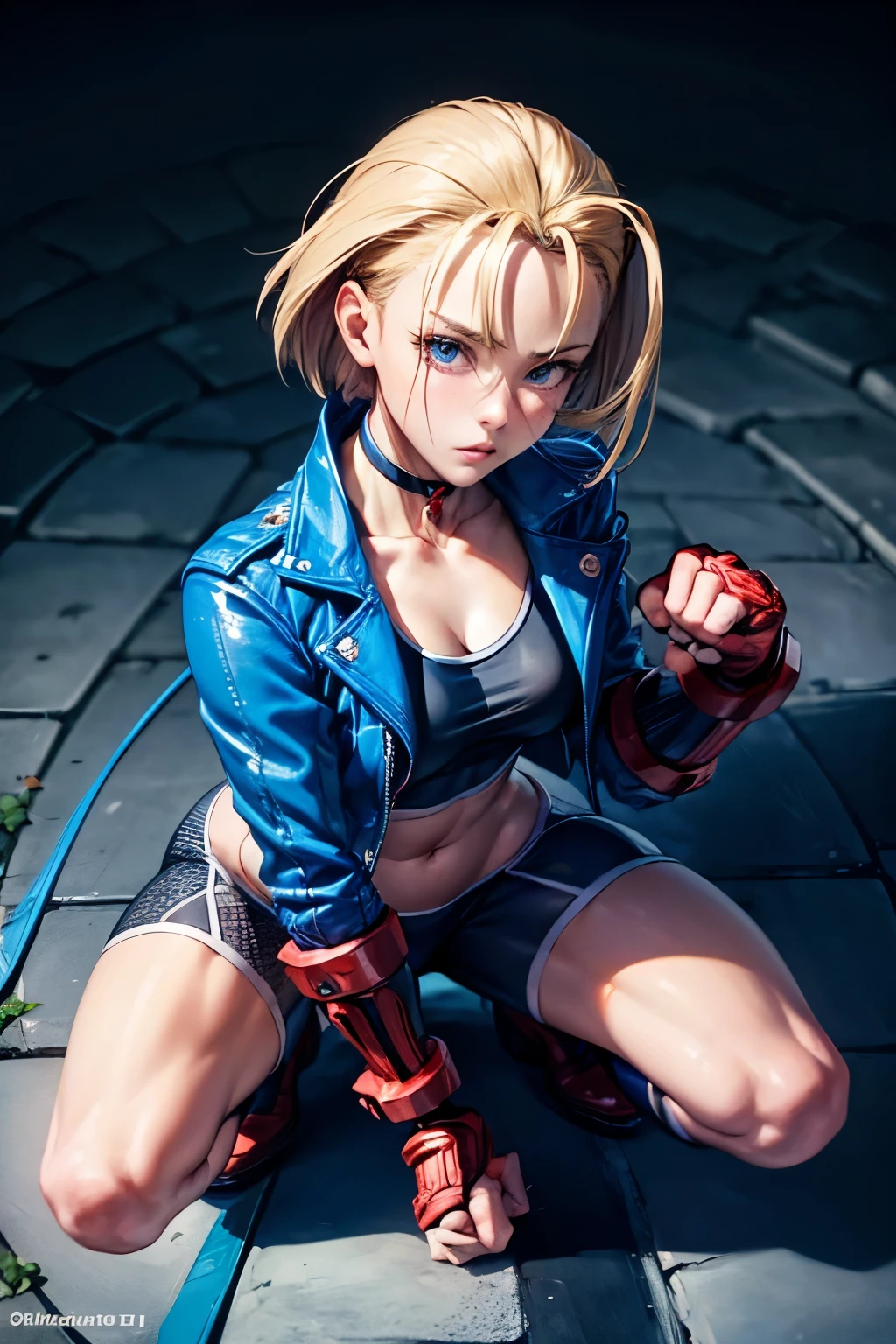 (8k, real person, ultra realistic, raw photo, masterpiece, extremely detailed, best quality, professional lighting, high res), BREAK beautiful and adorable girl, BREAK cammy white, short hair, antenna hair, blue eyes, scar on cheek, large breasts, black choker, collarbone, blue jacket, cropped jacket, open jacket, sports bra, midriff, fingerless gloves, black gloves, black pants, toned muscular girl, BREAK ((paw pose:1.3), squatting, crouching, spread legs, both hands up:1.3), standing dog pose, eyecontact, BREAK sexy, humiliated, embarrassed, blush, sweat drop, she is being forced to submit to the enemy she despises the most, BREAK (extreme close up model:1.2), (view from above, she is looking up the viewer:1.2), (front view, view from right in front:1.5)