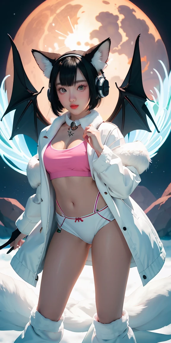 White fox, pink eyes, Pubic tattoo, Uterine tattoos, short hair, black hair, coat, Young woman, Transvestite, furry, night city, glowing eyes, no feelings, Long tail, shirt collar, Masterpiece, Puppet, Bat Wings, shy, White headphones, Foxtail, Highest quality, Core, slime Core, White body, Name Snow, Foxtail, Black tail, Transfer Fox, 2 young men(Snow Fox), , open shirt,