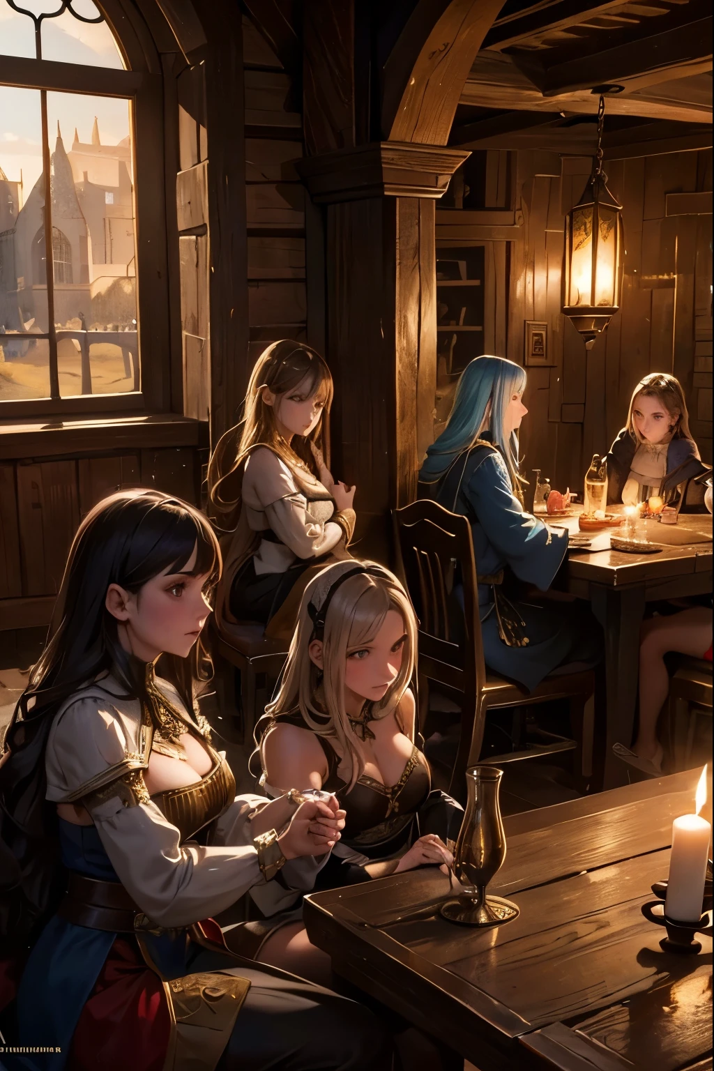 aa medieval tavern,1girl,2girls,girls having a perfect faces and perfect bodies,medieval interior,medieval architecture,wooden furniture,candles,medieval dresses,intricate details,fine art,vibrant colors,dramatic lighting,cinematic composition,highly detailed,photorealistic,masterpiece,unreal engine,8k,ray tracing,volumetric lighting, girls in a medieval tavern