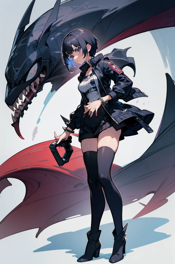 1girl, solo, short hair, breasts, black hair, thighhighs, jacket, blue eyes, boots, bracelet, spikes, cropped jacket, standing, full body, female venom