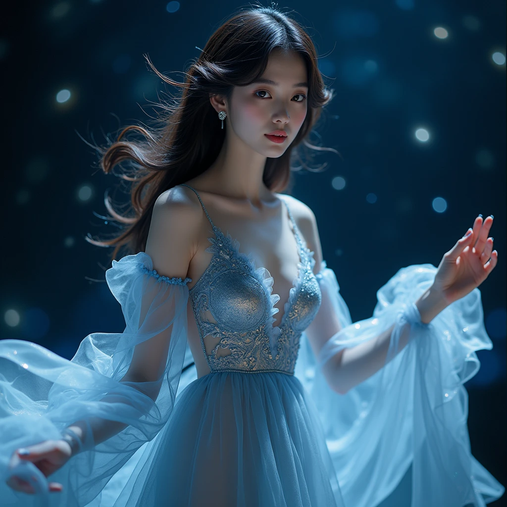 Evening Dress, theater, by Tyler Shields and Brandon Woelfel, 35mm photograph, bokeh, best quality, masterpiece, very aesthetic, perfect composition, intricate details, ultra-detailed