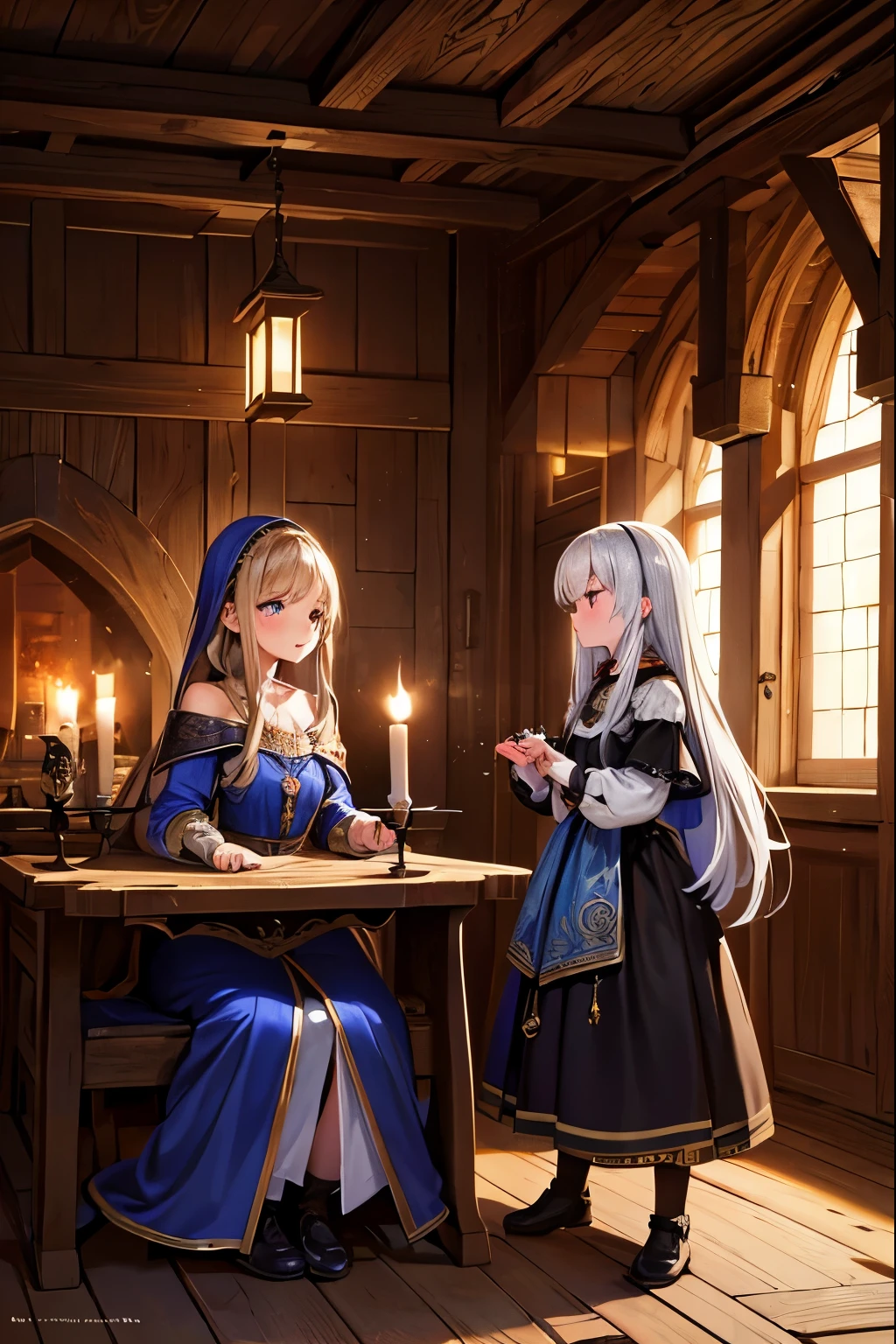 a medieval tavern,1girl,2girls,girls having a perfect faces and perfect bodies,medieval interior,medieval architecture,wooden furniture,candles,medieval dresses,intricate details,fine art,vibrant colors,dramatic lighting,cinematic composition,highly detailed,photorealistic,masterpiece,unreal engine,8k,ray tracing,volumetric lighting, girls in a medieval tavern