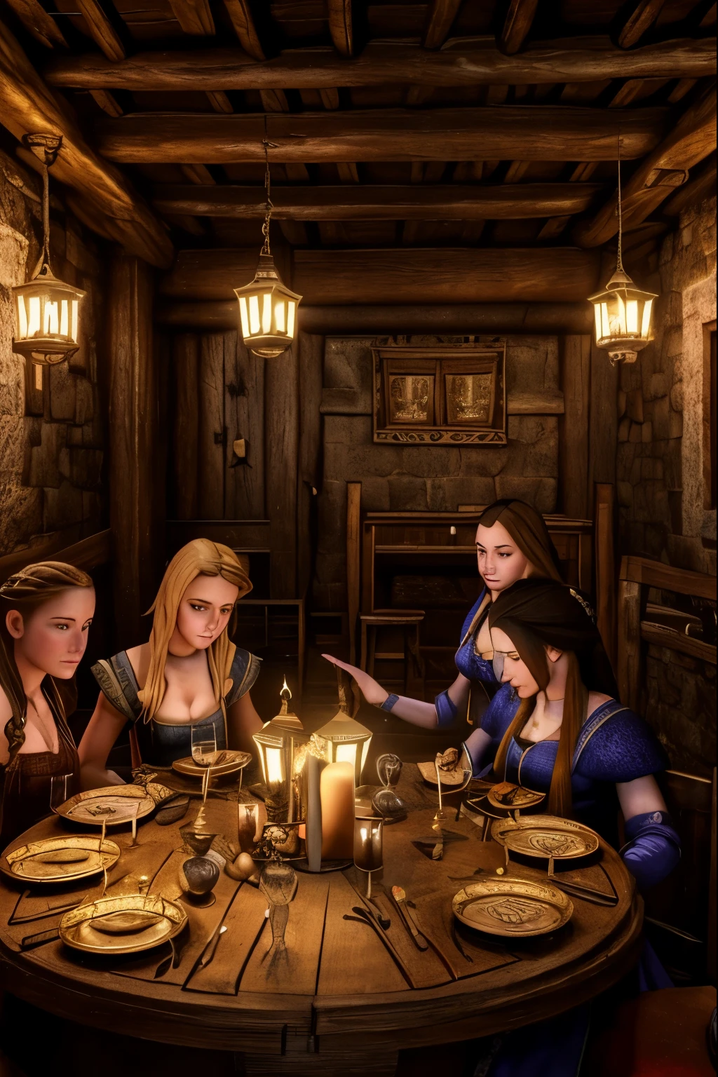  medieval tavern,1girl,2girls,girls having a perfect faces and perfect bodies,medieval interior,medieval architecture,wooden furniture,candles,medieval dresses,intricate details,fine art,vibrant colors,dramatic lighting,cinematic composition,highly detailed,photorealistic,masterpiece,unreal engine,8k,ray tracing,volumetric lighting, girls in a medieval tavern
