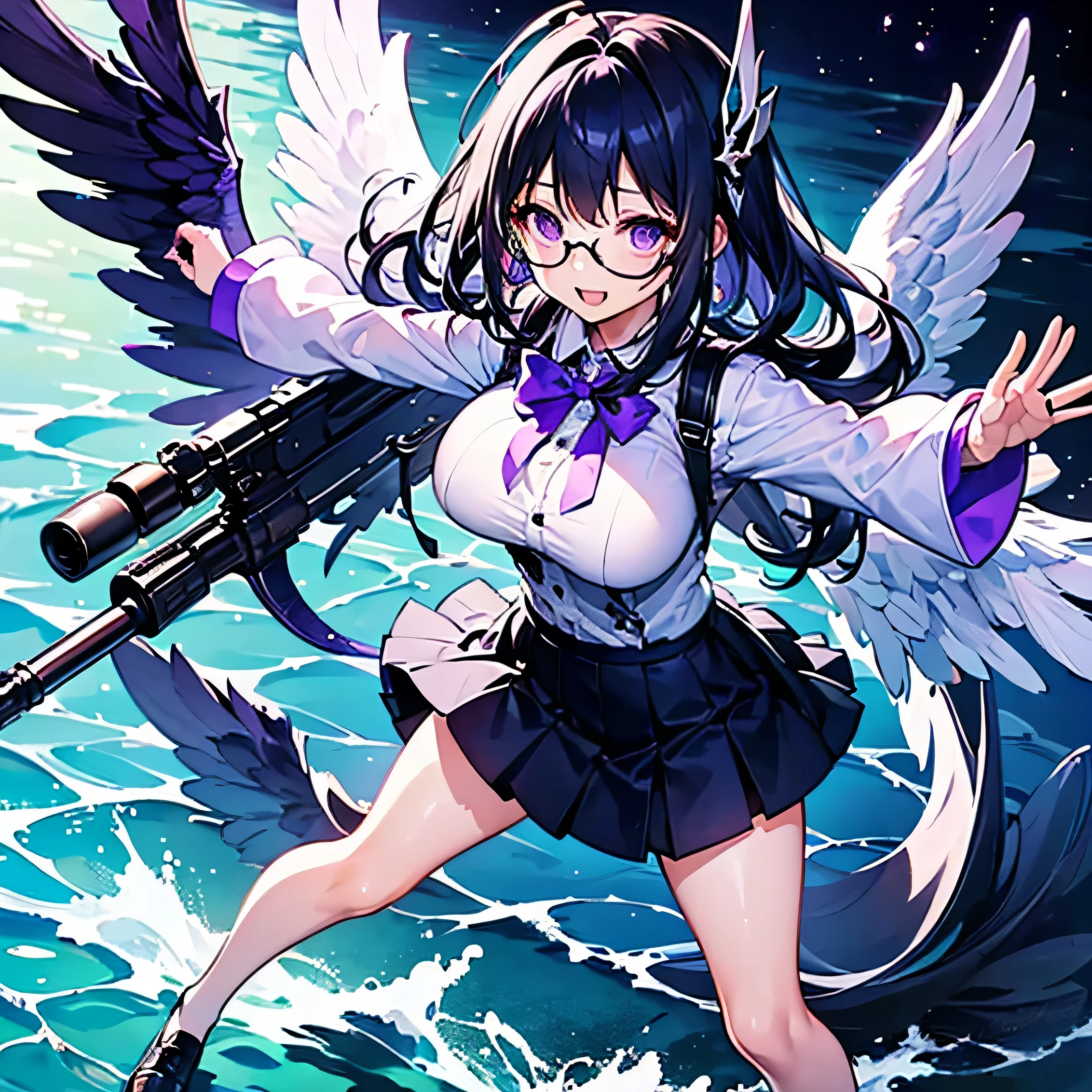 Highest quality, masterpiece, Ultra-high resolution, Elaborate hands,Angel Girl Sandalphon、Black and purple hair、Purple Eyes、Geek temperament、 Black school uniform 1.8、Long skirt、Big Breasts、Black-rimmed glasses、、Open sea、smile、Missiles flying 1.6、4 gun battery 1.4、Stand with your arms folded and your legs apart 1.7、bright、