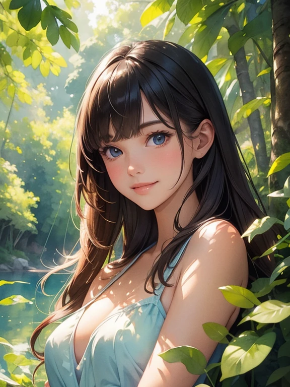 ((best quality)), ((masterpiece)), ((realistic)), ((beautiful female)), ((detailed eyes)), (AI generated), (enchanted forest), (soft morning light), (foggy atmosphere), (golden light filtering through trees), (pastel color palette), (macro lens), (7K resolution), "Misty Morn" on eye level, scenic, masterpiece.