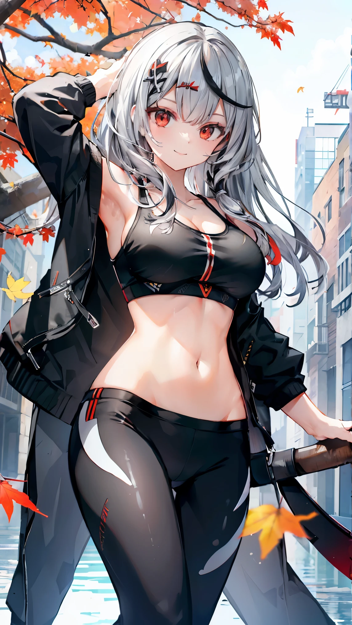 ,Highest quality,Silver and black hair,Red eyes,Orca,Sportswear,Sports Bra,autumn leaves,smile,Large Breasts,slender,