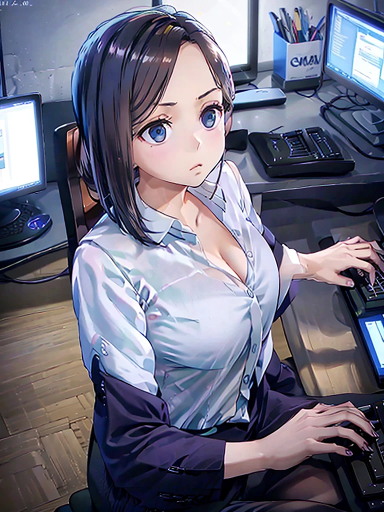 Junior, Large Breasts, shirt, Cleavage, Serious face, Top view, office, Operating a computer