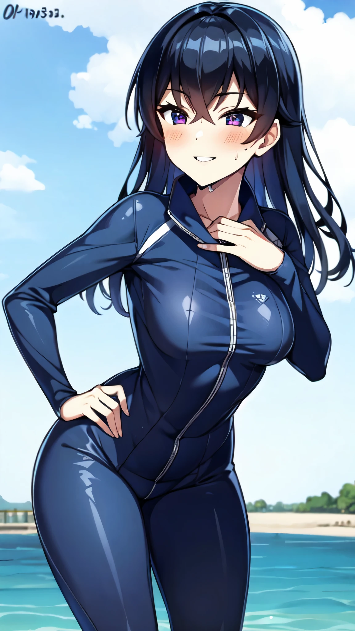 （（super high quality,））（（Ultra-high resolution,））（16K,）（super masterpiece,）（（Ultra HD ,））（Detailed shading,）（（Full Color,））Sea in clear skies,Looking up from below,One Girl,（（A shiny navy blue skin-tight sweatsuit,Open from neck to chest:1.8,popped Tight open collar:1.6,Long sleeve,））sexly,（Straight black long hair）,Bangs cross in front of the forehead,smile,blush,Sharp eyes,A lot of water splashing from below,Soaking wet,Sweaty,Open your legs a little,Leaning forward greatly,Put your hands on your hips,