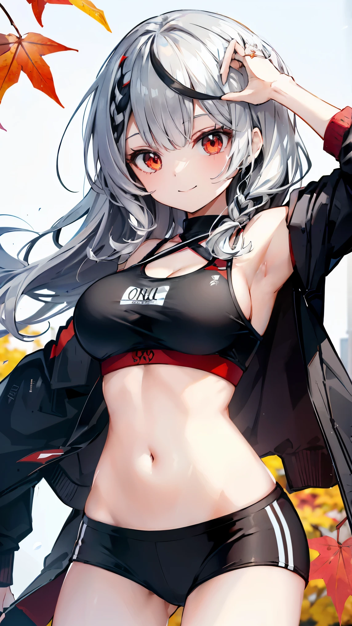 ,Highest quality,Silver and black hair,Red eyes,Orca,Sportswear,Sports Bra,autumn leaves,smile,Large Breasts,slender,