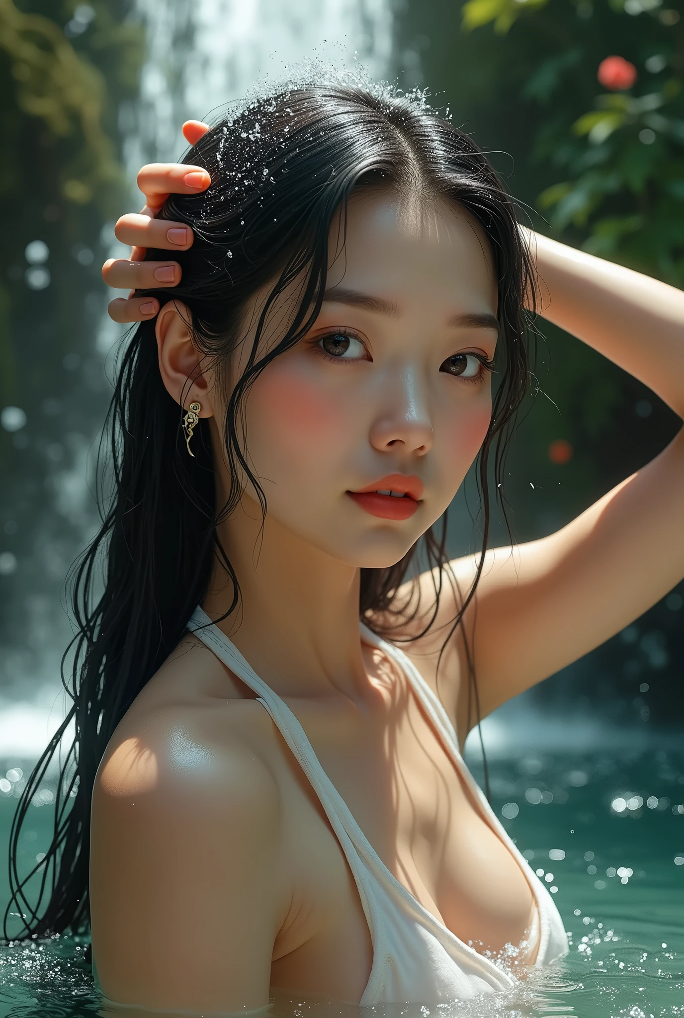 (((NSFW1.5))),(Masseter muscle part:1.3)、(8K、Photoreal、RAW photo、highest quality: 1.4)、(1 adult female)、beautiful expression、(lifelike face)、sharp brown eyes, supermodel face、(wet black hair :1.6)、beautiful hairstyle、realistic eyes、beautiful details、(real looking skin)、beautiful skin、(white dress shirt:1.6)、absurd、attractive、超A high resolution、surreal、high detail、golden ratio