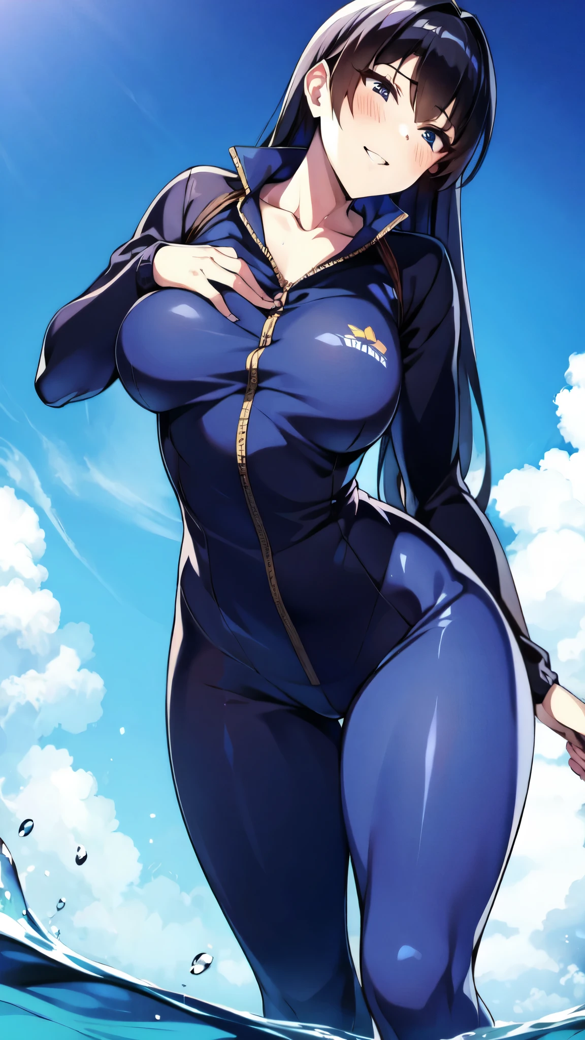 （（super high quality,））（（Ultra-high resolution,））（16K,）（super masterpiece,）（（Ultra HD ,））（Detailed shading,）（（Full Color,））Sea in clear skies,Looking up from below,One Girl,（（A shiny navy blue skin-tight sweatsuit,Open from neck to chest:1.8,popped Tight open collar:1.6,Long sleeve,））sexly,（Straight black long hair）,Bangs cross in front of the forehead,smile,blush,Sharp eyes,A lot of water splashing from below,Soaking wet,Sweaty,Open your legs a little,Leaning forward greatly,Put your hands on your hips,