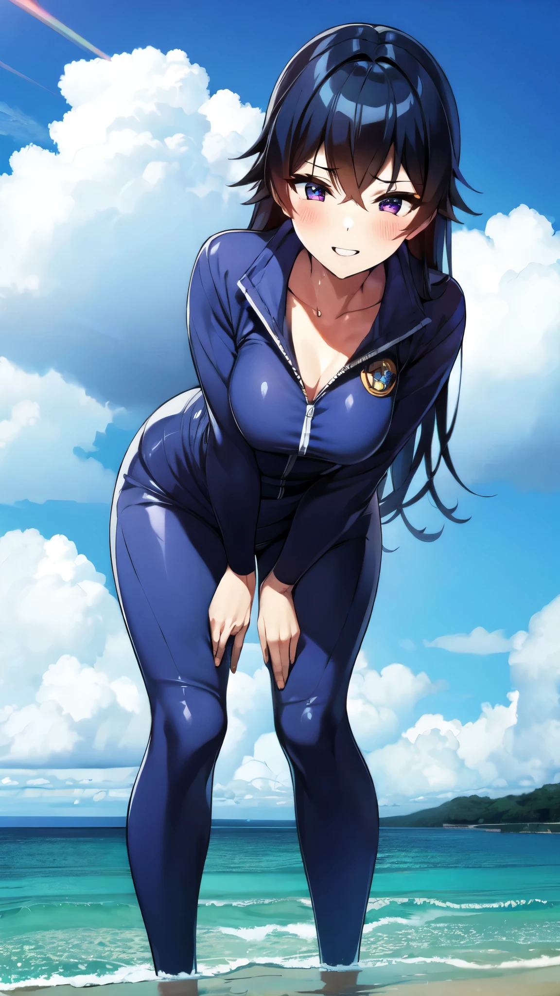 （（super high quality,））（（Ultra-high resolution,））（16K,）（super masterpiece,）（（Ultra HD ,））（Detailed shading,）（（Full Color,））Sea in clear skies,Looking up from below,One Girl,（（A shiny navy blue skin-tight sweatsuit,Open from neck to chest:1.8,popped Tight open collar:1.6,Long sleeve,））sexly,（Straight black long hair）,Bangs cross in front of the forehead,smile,blush,Sharp eyes,A lot of water splashing from below,Soaking wet,Sweaty,Open your legs a little,Leaning forward greatly,Put your hands on your hips,