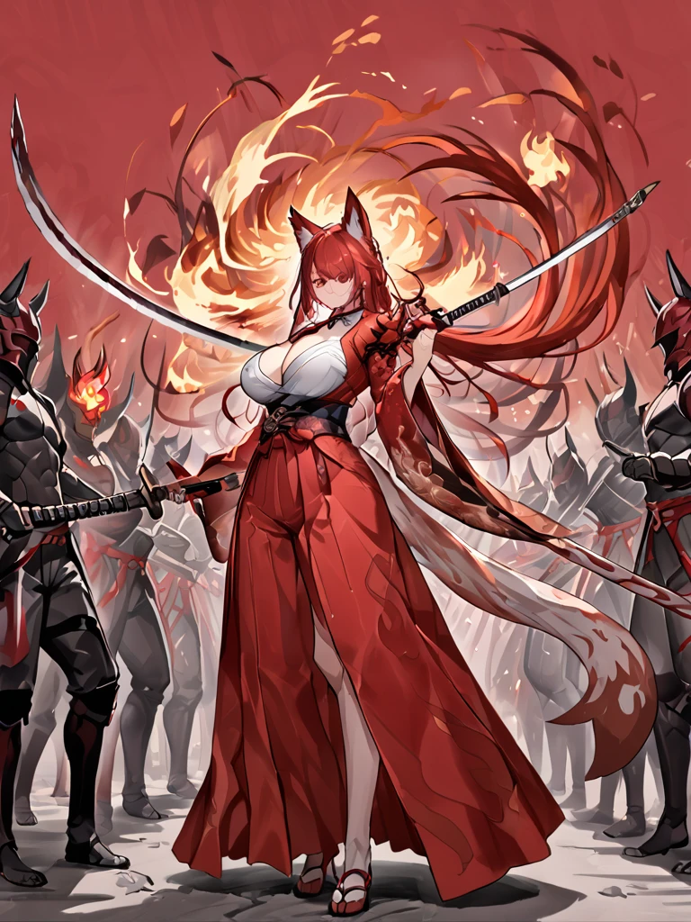  8K Top quality Masterpiece Somewhat close Long red ponytail Red fox ears Nine fox tails Very large breasts Red eyeshadow on lower eyelids Five fingers Alluring Japanese style Kimono Wearing a red jacket Long hakama Toned body Flame hell Japanese sword with a red blade burning red Fighting Burning background Drawing the sword Samurai Fighting with a Japanese sword One-sword style Flame hell Surrounded by lightning Surrounded by flames Alluring Little exposure Kimono Long skirt Cutting down Upper cut Nine-tailed fox Older sister Explosive flames Crimson flames Japanese style background Clear face