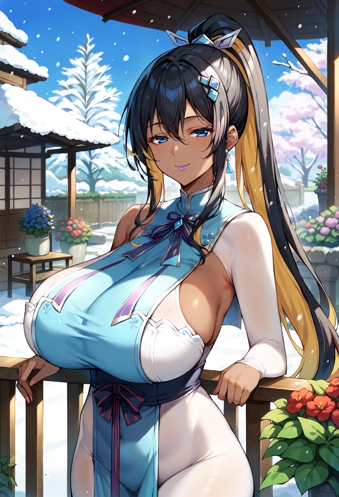 masterpiece, score_9, score_8_up, score_7_up, source_anime, extremely detailed, high quality, 1girl, milf, solo, (dark skin, black skin:1.8), (huge breasts), ((((black hair, multicolored hair), long hair, ponytail, hair between eyes, blue eyes, half-closed eyes))), purple lips, (((ponytail holder, hair ornament, white bodystocking, tabard))), ((naughty smile), closed mouth), ((gazebo, garden, winter, snowing))