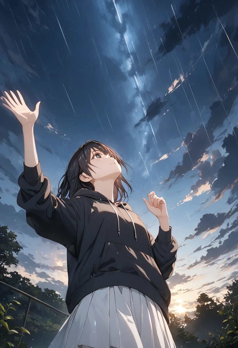 anime、((Amazingly absurd)),(masterpiece:1.2),超High resolution, Attention to detail, high quality, High resolution, 最high quality, 4K, 8k、Crying girl、Yuki Suou looking up at the sky and raising one hand to the sky、Dark sky with thick clouds、The sunshine shining through the dark clouds after a heavy rain、Hope is the theme、Composition looking up from below、long short hair、Black Hair、Black hoodie、White Skirt